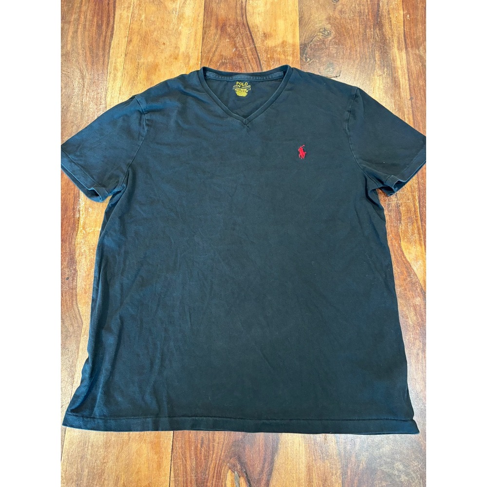Polo ralph lauren mens black v-neck custom slim fit t-shirt red pony logo large